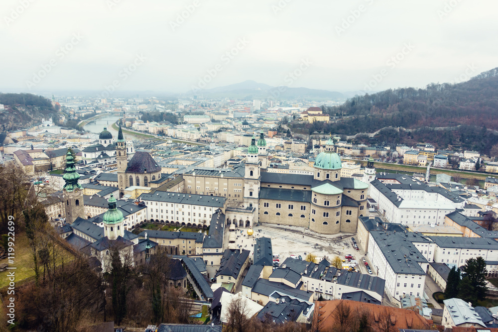 Beautiful aerial view on rooftops of Salzburg,Austria in cloudy