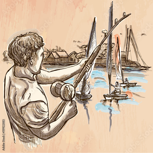 Fishing, fisherman - An hand drawn vector. Line art.