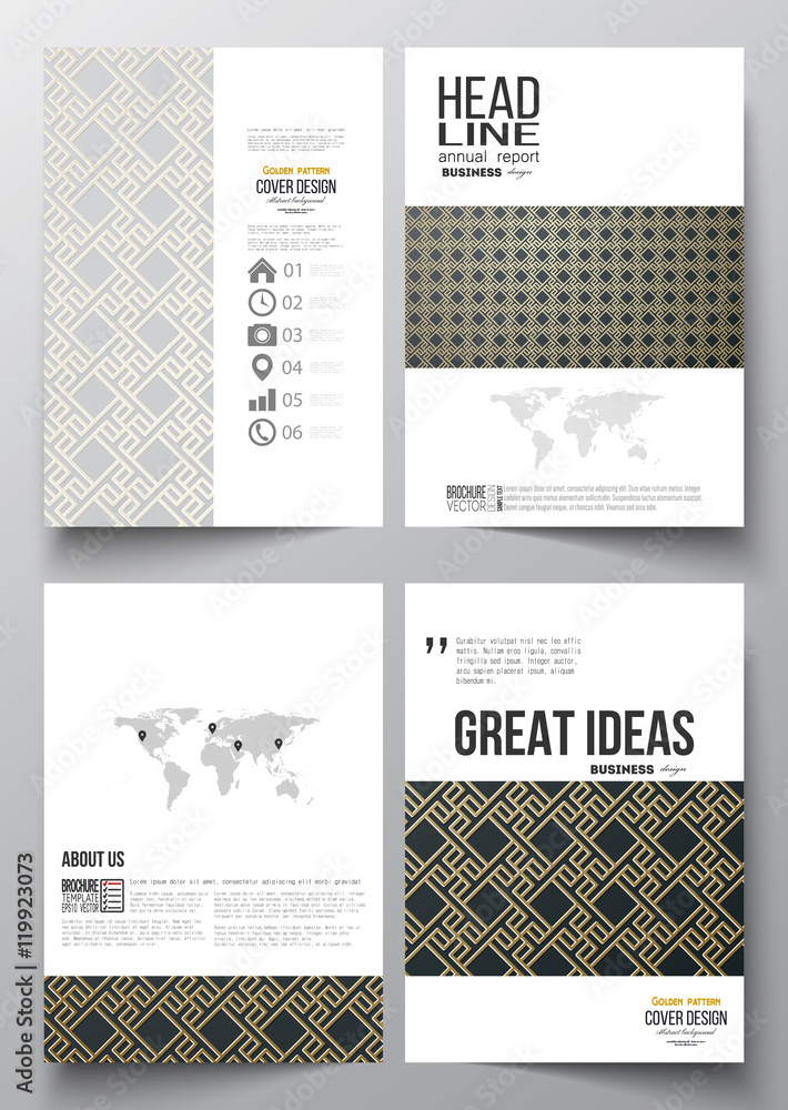 Set of business templates for brochure, magazine, flyer, booklet. Islamic gold pattern, overlapping geometric square shapes forming abstract ornament. Vector stylish golden texture on black background