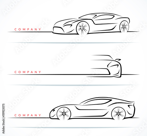 Set of luxury sports car silhouettes isolated on white background. Front, 3/4 and side views. Vector illustration