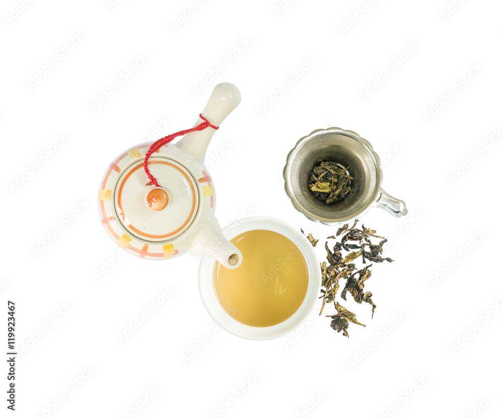 Closeup beautiful ceramic tea pot and cup of tea with dried tea leave isolated on with  background in top view