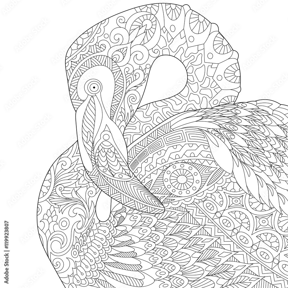 Fototapeta premium Stylized flamingo bird, isolated on white background. Freehand sketch for adult anti stress coloring book page with doodle and zentangle elements.