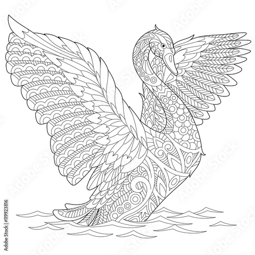 Stylized beautiful swan, isolated on white background. Freehand sketch for adult anti stress coloring book page with doodle and zentangle elements.