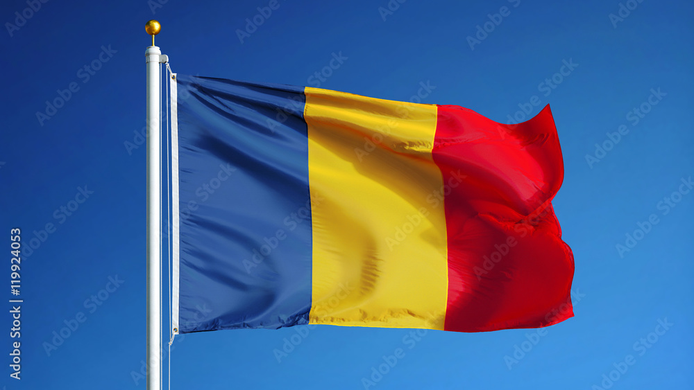 Chad flag waving against clean blue sky, close up, isolated with clipping path mask alpha channel transparency Chad flag waving against clean blue sky, close up, isolated with clipping path mask alpha channel transparency