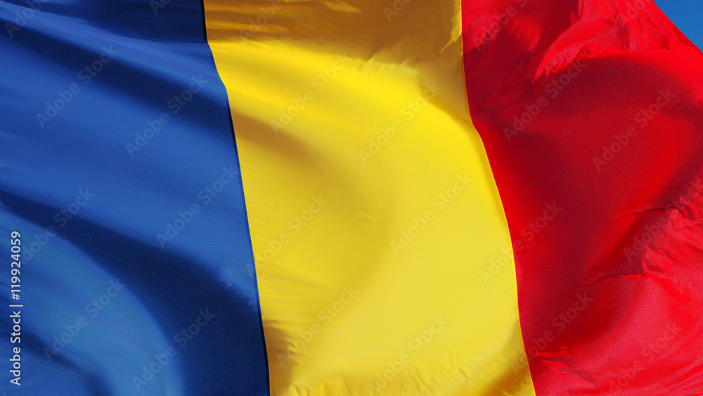 Chad flag waving against clean blue sky, close up, isolated with clipping path mask alpha channel transparency Chad flag waving against clean blue sky, close up, isolated with clipping path mask alpha channel transparency