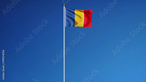 Chad flag waving against clean blue sky, long shot, isolated with clipping path mask alpha channel transparency