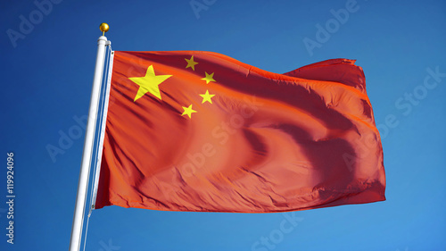 Fotografering China flag waving against clean blue sky, close up, isolated with clipping path