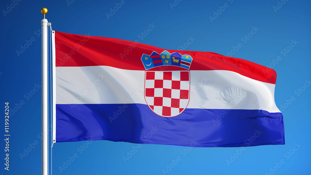 Croatia flag waving against clean blue sky, close up, isolated with clipping path mask alpha channel transparency Croatia flag waving against clean blue sky, close up, isolated with clipping path mask alpha channel transparency