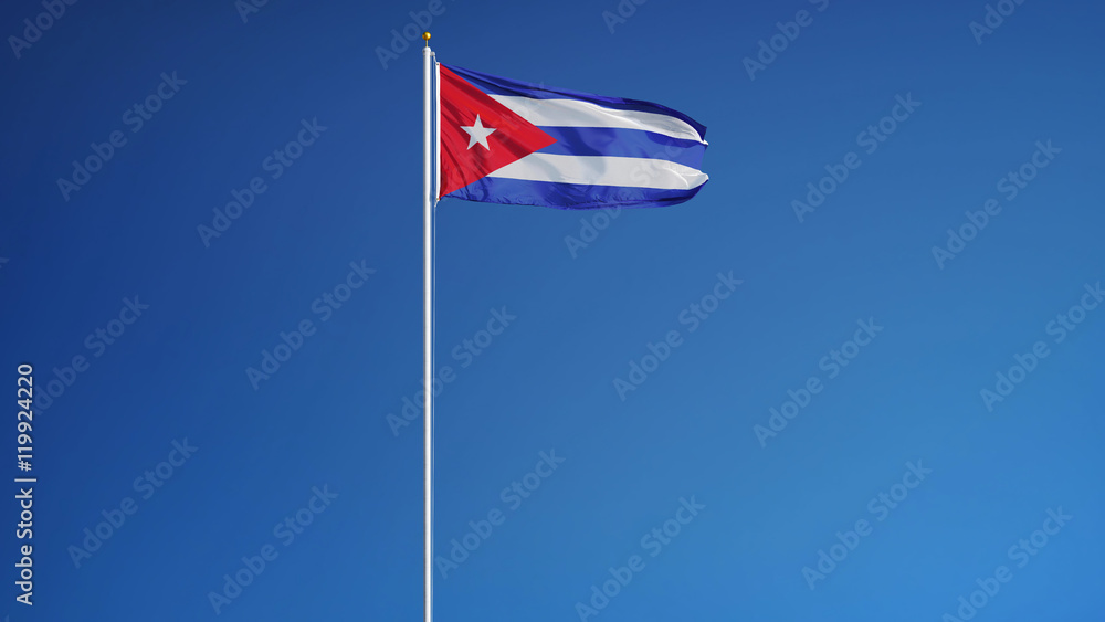 Cuba flag waving against clean blue sky, long shot, isolated with clipping path mask alpha channel transparency