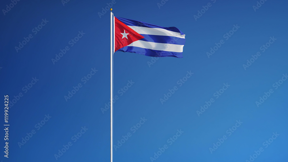 Cuba flag waving against clean blue sky, long shot, isolated with clipping path mask alpha channel transparency
