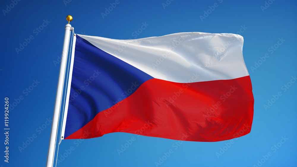 Obraz premium Czech flag waving against clean blue sky, close up, isolated with clipping path mask alpha channel transparency