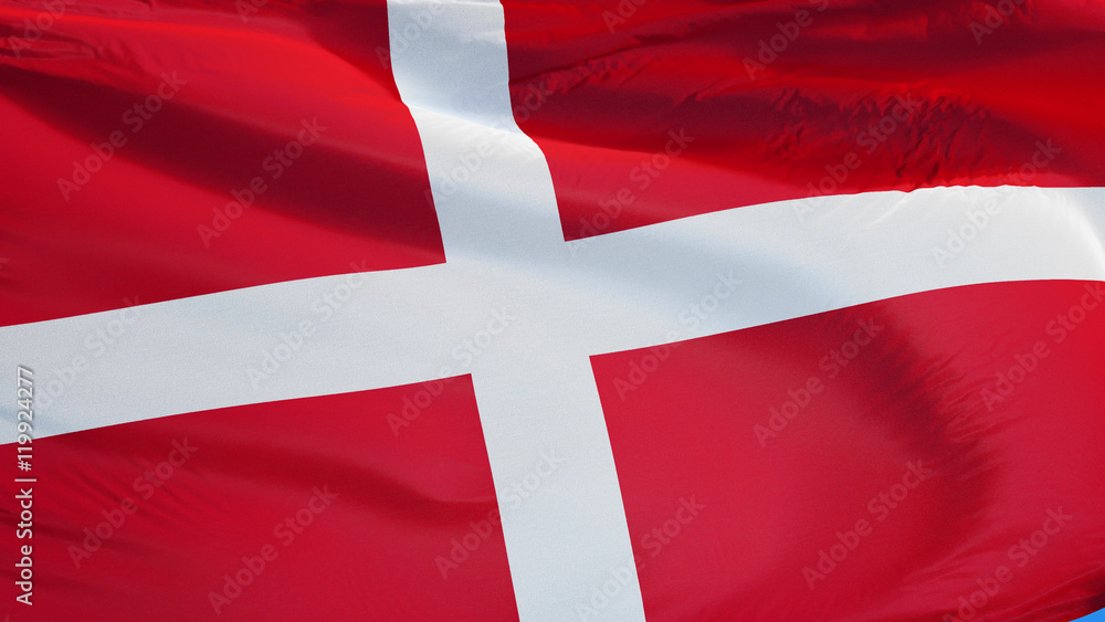 Fototapeta premium Denmark flag waving against clean blue sky, close up, isolated with clipping path mask alpha channel transparency