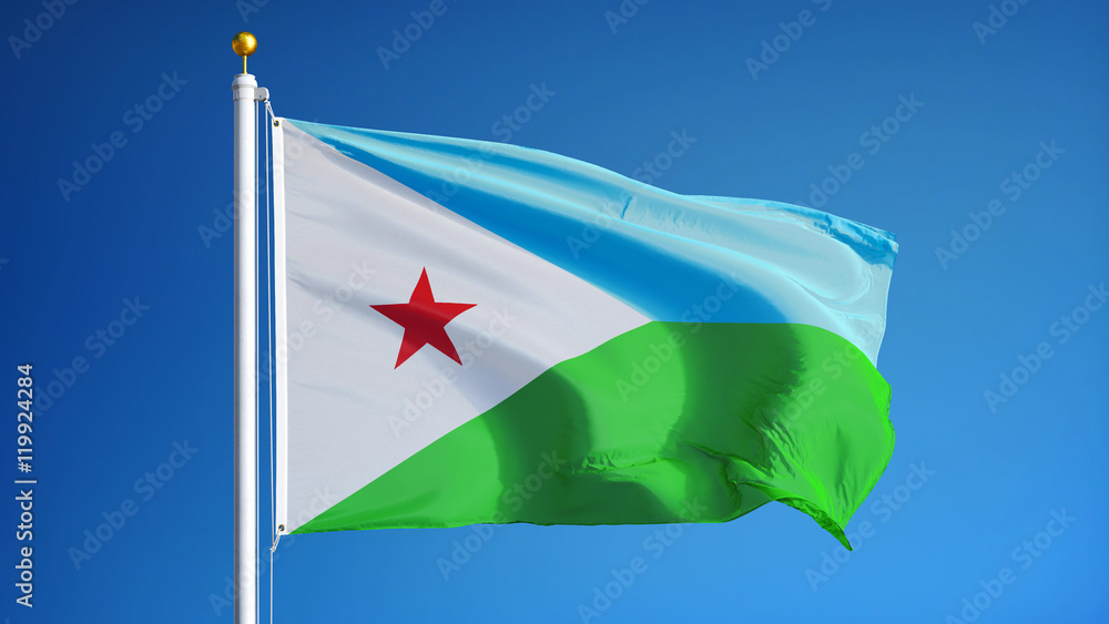 Djibouti flag waving against clean blue sky, close up, isolated with clipping path mask alpha channel transparency Djibouti flag waving against clean blue sky, close up, isolated with clipping path mask alpha channel transparency
