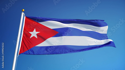 Photography Cuba flag waving against clean blue sky, close up, isolated with clipping path m
