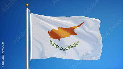 Photography Cyprus flag waving against clean blue sky, close up, isolated with clipping path
