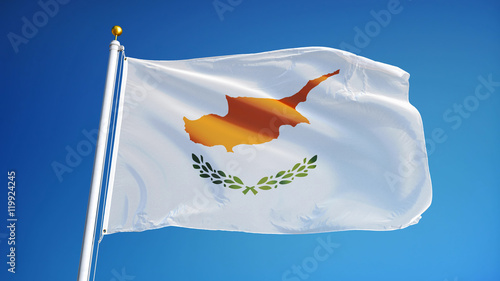 Fotografi Cyprus flag waving against clean blue sky, close up, isolated with clipping path