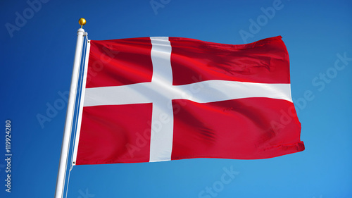 Denmark flag waving against clean blue sky, close up, isolated with clipping path mask alpha channel transparency