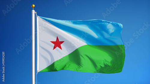 Djibouti flag waving against clean blue sky, close up, isolated with clipping path mask alpha channel transparency