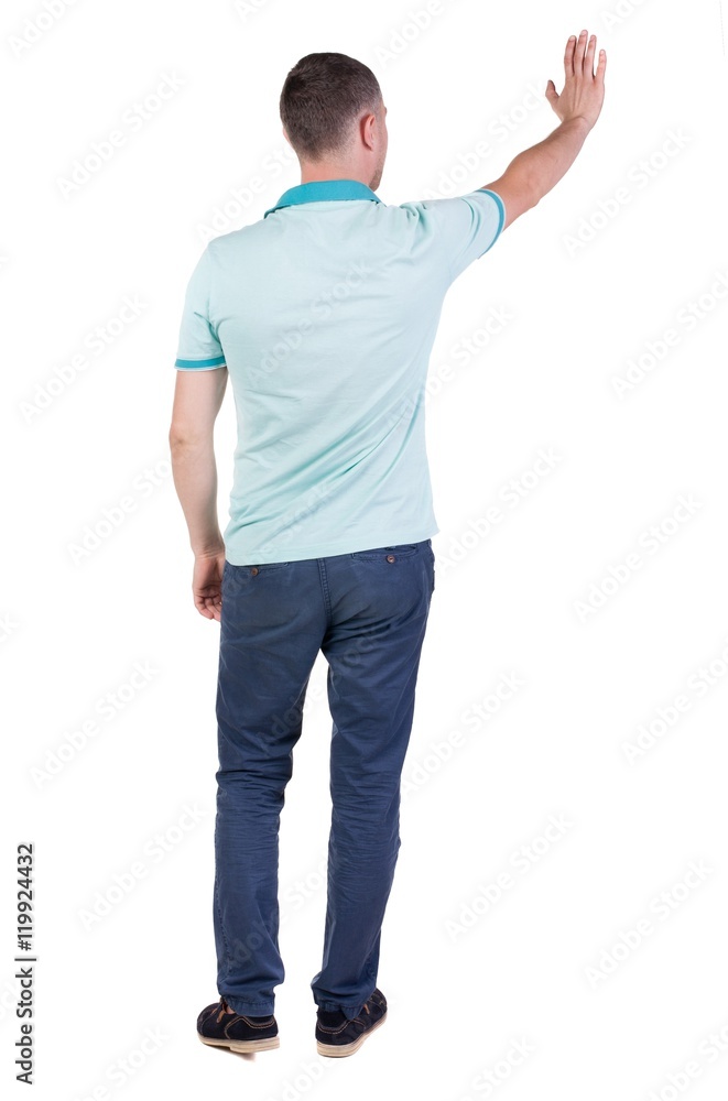 Back side view of man in shirt handshake. Isolated over white background. Back side view of man in shirt handshake. Isolated over white background.