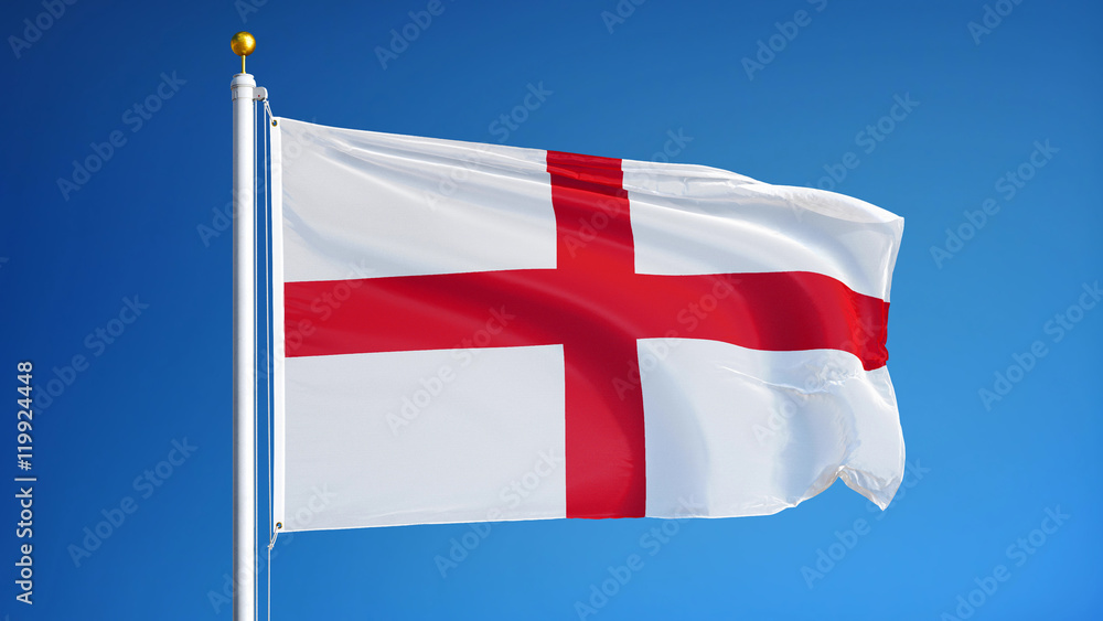 Obraz premium England flag waving against clean blue sky, close up, isolated with clipping path mask alpha channel transparency