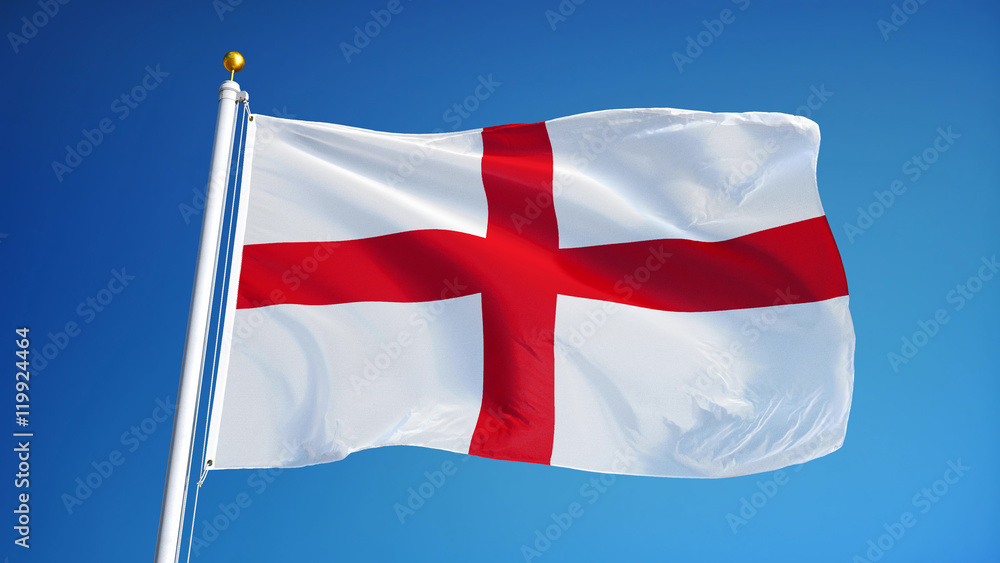 Obraz premium England flag waving against clean blue sky, close up, isolated with clipping path mask alpha channel transparency