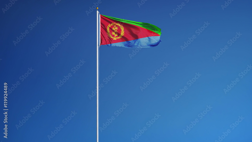 Eritrea flag waving against clean blue sky, close up, isolated with clipping path mask alpha channel transparency