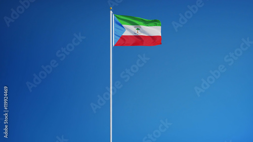 Equatorial Guinea flag waving against clean blue sky, long shot, isolated with clipping path mask alpha channel transparency