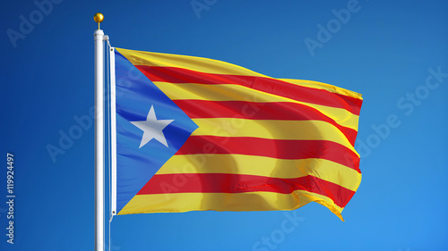 Estelada blava flag waving against clean blue sky, close up, isolated with clipping path mask alpha channel transparency