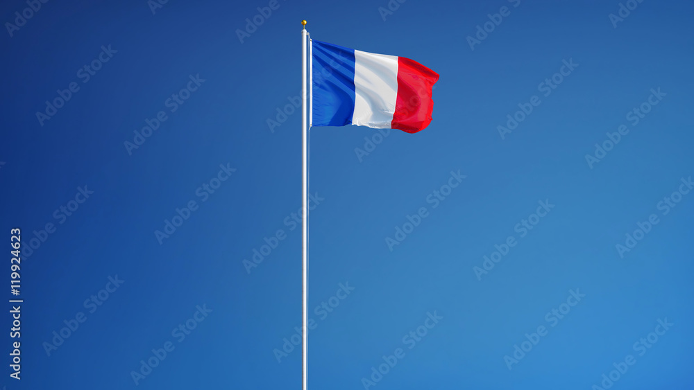 Fototapeta premium France flag waving against clean blue sky, long shot, isolated with clipping path mask alpha channel transparency