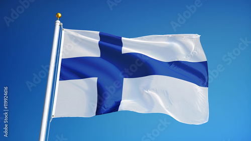 Finland flag waving against clean blue sky, close up, isolated with clipping path mask alpha channel transparency photo
