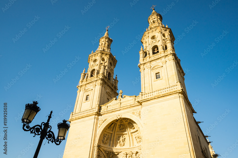 Logrono cathedral against of blue sky with street lamp