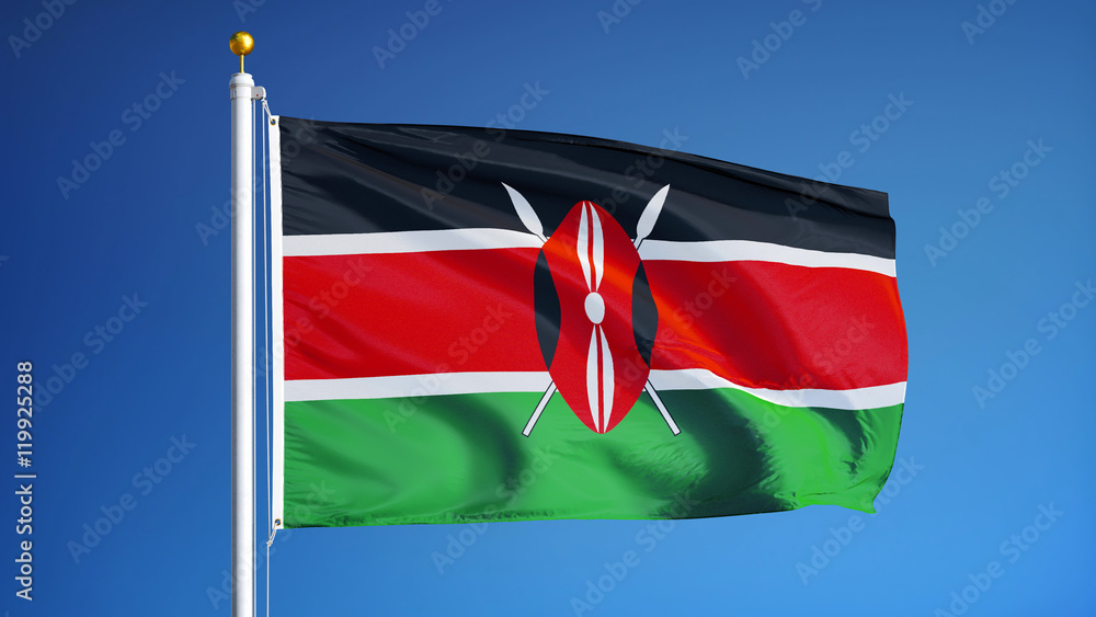 Kenya flag waving against clean blue sky, close up, isolated with clipping path mask alpha channel transparency Kenya flag waving against clean blue sky, close up, isolated with clipping path mask alpha channel transparency