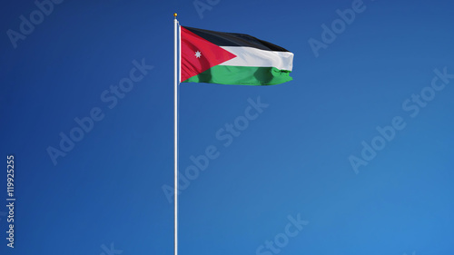 Jordan flag waving against clean blue sky, long shot, isolated with clipping path mask alpha channel transparency