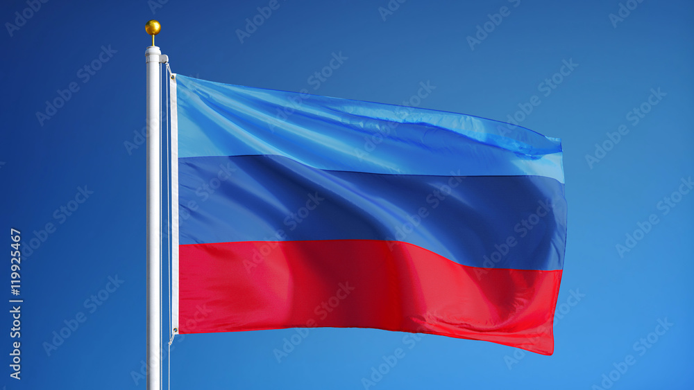 Luhansk People's Republic flag waving against clean blue sky, close up, isolated with clipping path mask alpha channel transparency Luhansk People's Republic flag waving against clean blue sky, close up, isolated with clipping path mask alpha channel transparency