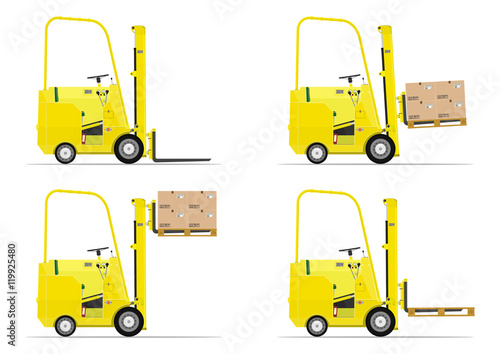 Set of cartoon forklift on a white background. Flat vector