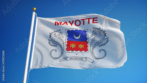 Mayotte flag waving against clean blue sky, close up, isolated with clipping path mask alpha channel transparency photo