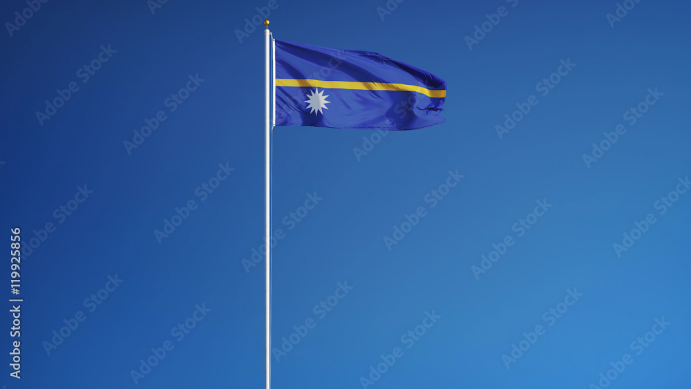 Nauru flag waving against clean blue sky, long shot, isolated with clipping path mask alpha channel transparency