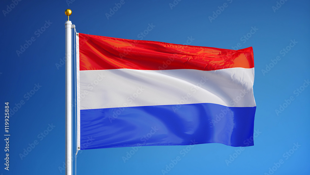 Holland flag waving against clean blue sky, close up, isolated with clipping path mask alpha channel transparency Holland flag waving against clean blue sky, close up, isolated with clipping path mask alpha channel transparency