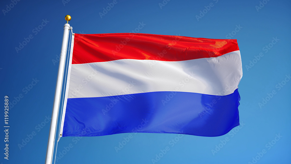 Holland flag waving against clean blue sky, close up, isolated with clipping path mask alpha channel transparency Holland flag waving against clean blue sky, close up, isolated with clipping path mask alpha channel transparency
