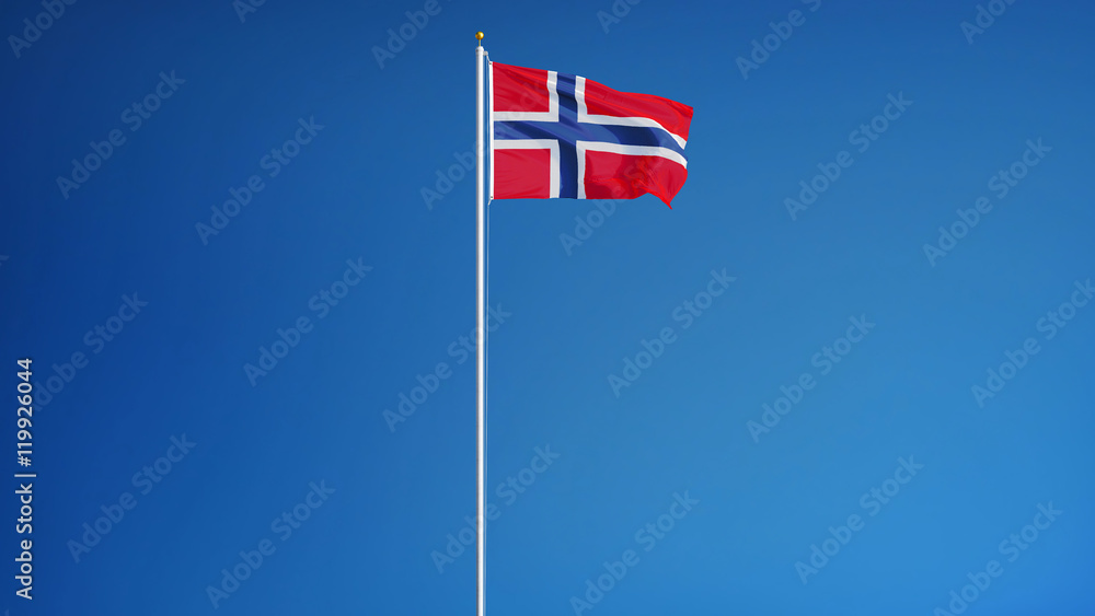 Obraz premium Norway flag waving against clean blue sky, long shot, isolated with clipping path mask alpha channel transparency
