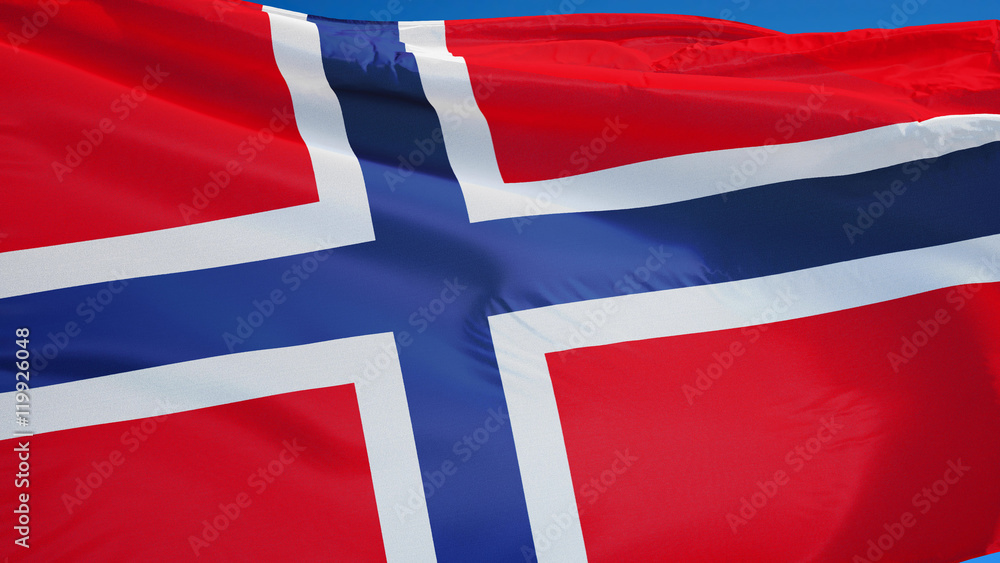 Fototapeta premium Norway flag waving against clean blue sky, close up, isolated with clipping path mask alpha channel transparency