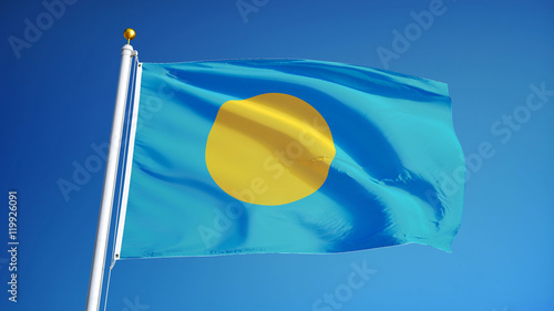 Palau flag waving against clean blue sky  close up  isolated with clipping path mask alpha channel transparency