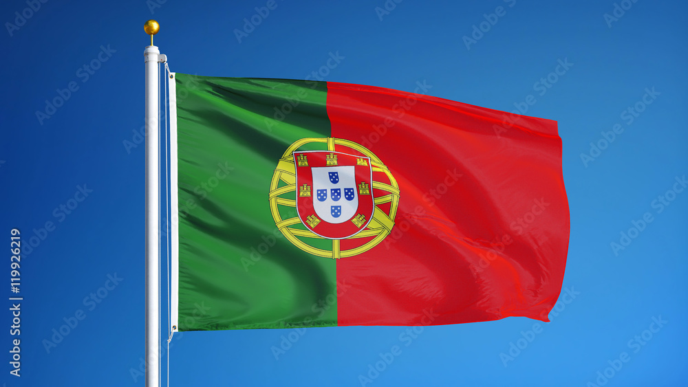 Portugal flag waving against clean blue sky, close up, isolated with clipping path mask alpha channel transparency