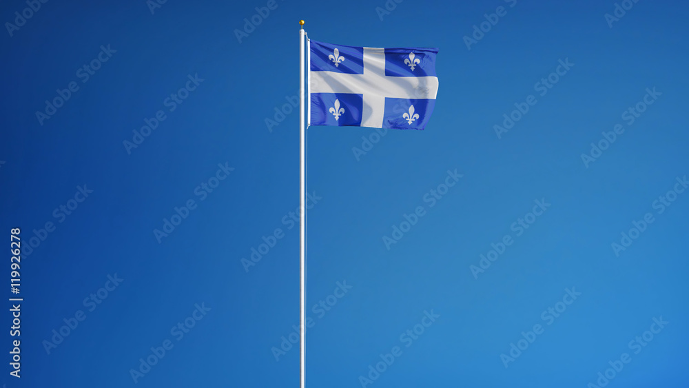 Naklejka premium Quebec flag waving against clean blue sky, long shot, isolated with clipping path mask alpha channel transparency