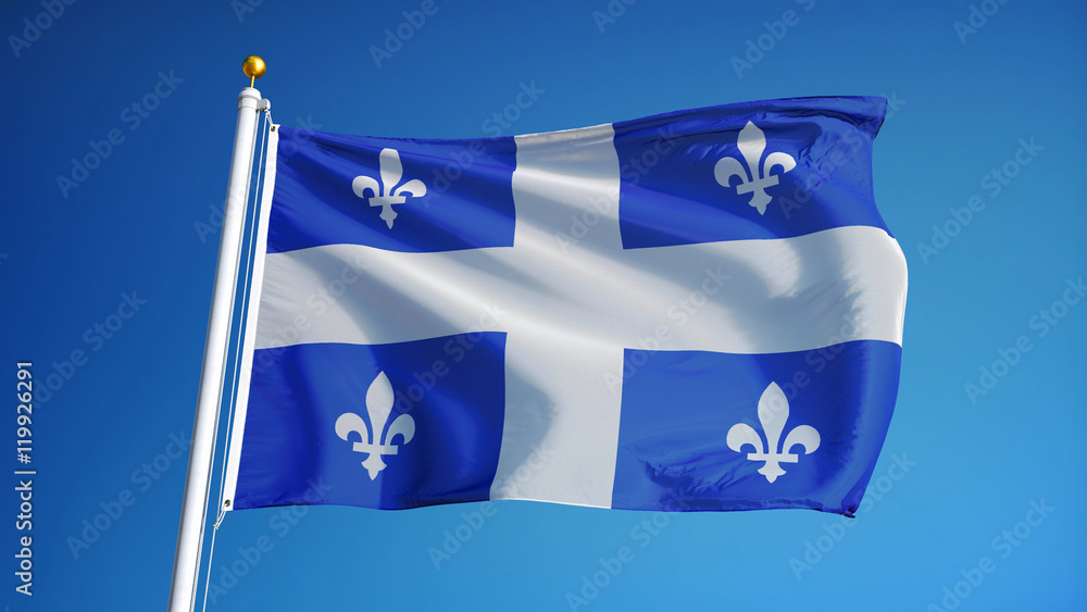 Fototapeta premium Quebec flag waving against clean blue sky, close up, isolated with clipping path mask alpha channel transparency