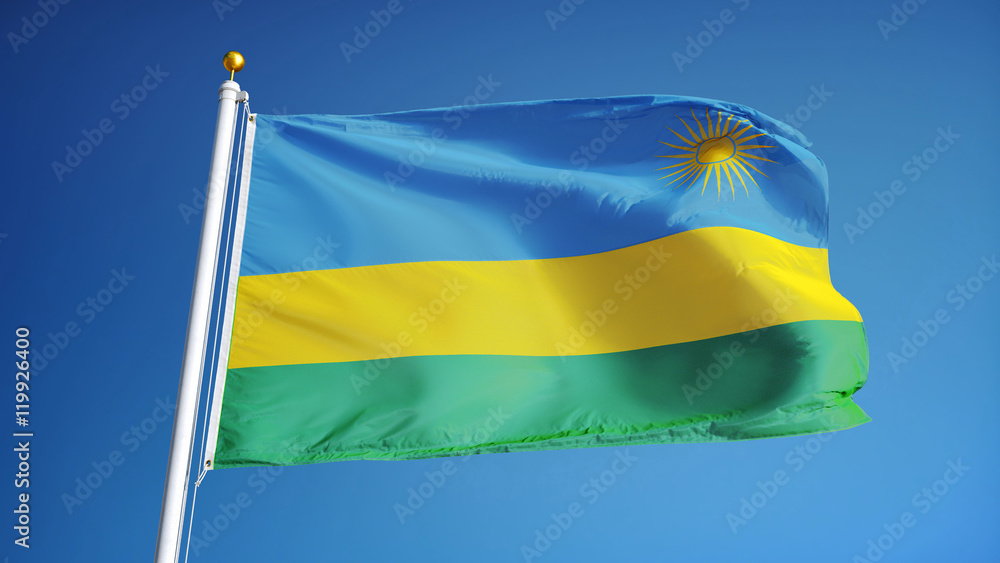 Obraz premium Rwanda flag waving against clean blue sky, close up, isolated with clipping path mask alpha channel transparency