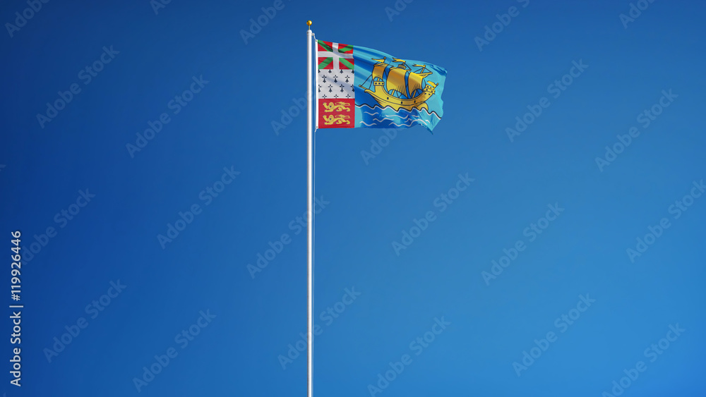 Saint Pierre and Miquelon flag waving against clean blue sky, long shot, isolated with clipping path mask alpha channel transparency digital composition