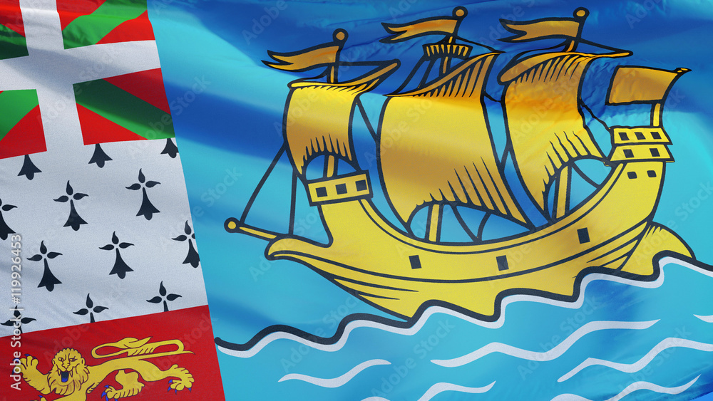 Naklejka premium Saint Pierre and Miquelon flag waving against clean blue sky, close up, isolated with clipping path mask alpha channel transparency digital composition