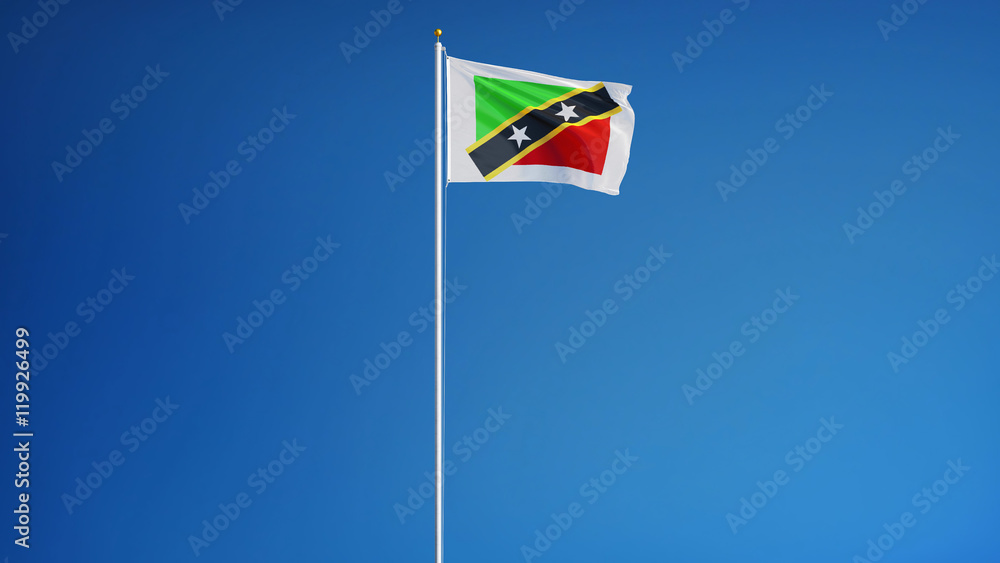 Saint Kitts and Nevis flag waving against clean blue sky, long shot, isolated with clipping path mask alpha channel transparency