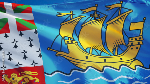 Saint Pierre and Miquelon flag waving against clean blue sky, close up, isolated with clipping path mask alpha channel transparency digital composition